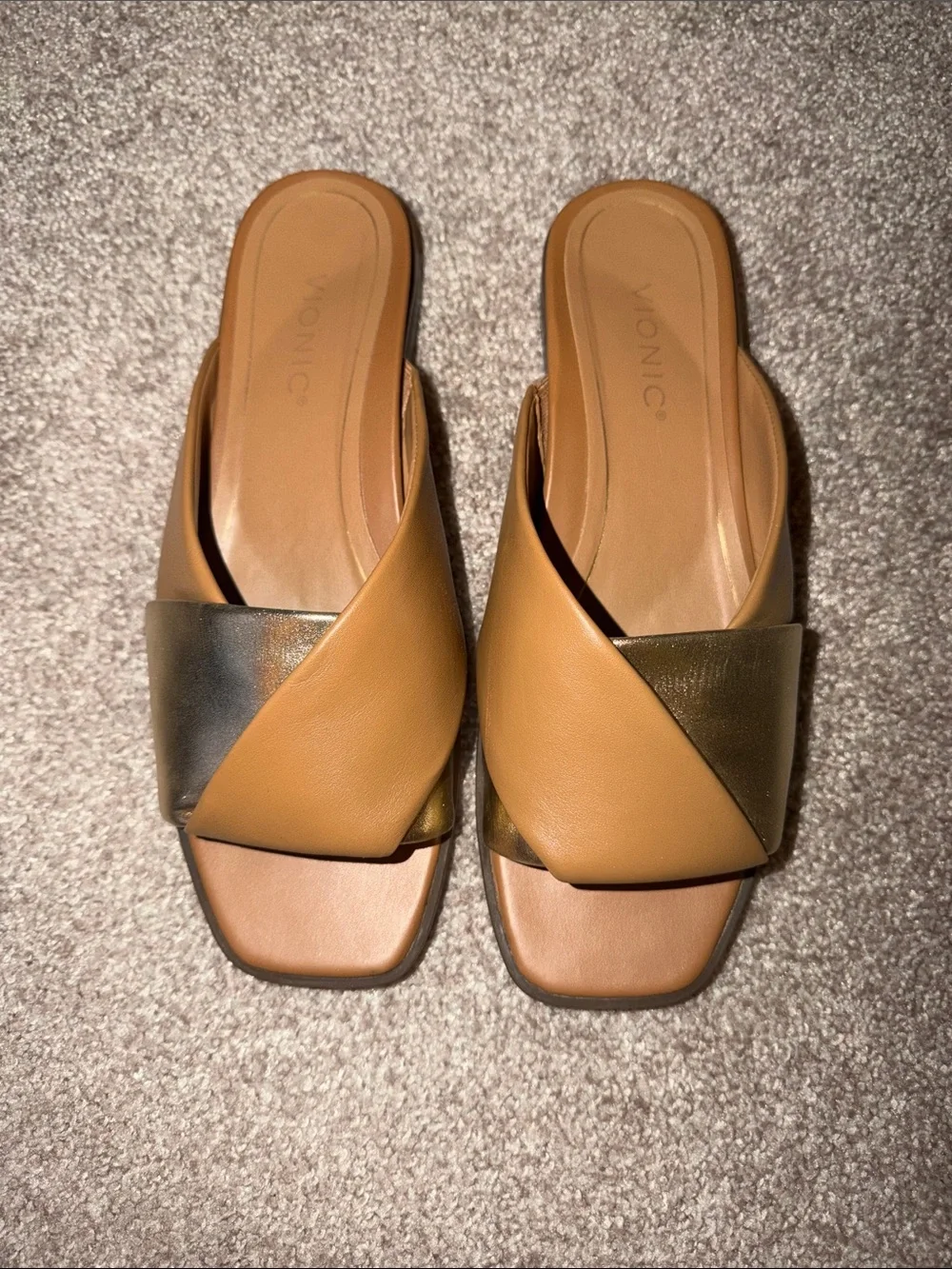 Vionic Two-Tone Tan and Gold Slide Sandals - Picture 1 of 5